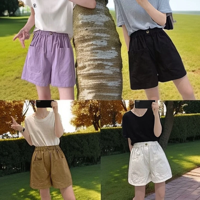 工装短裤显瘦洋气裤子高腰宽松透气成人夏季直筒裤松紧腰薄款纯色