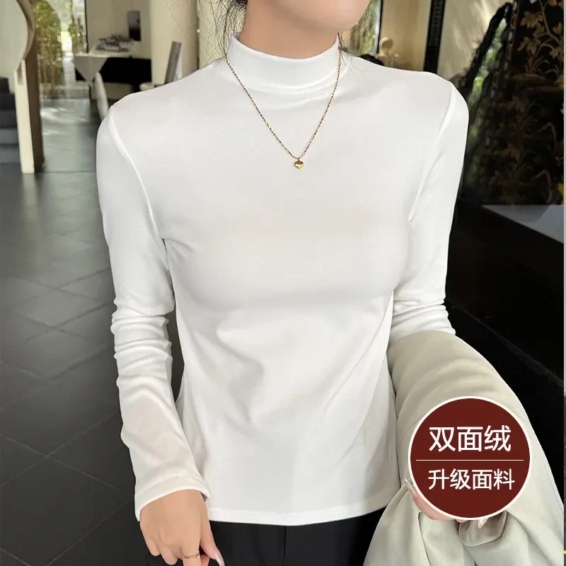 白色半高领德绒打底衫女时尚通勤内搭秋冬款保暖加厚长袖T恤