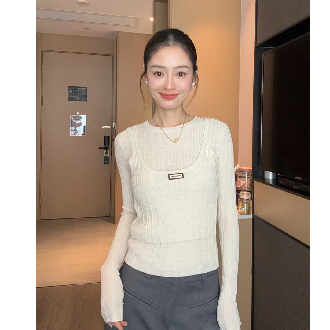 【部分现】冬叠穿高级感假两件针织打底衫女2025新款内搭上衣M1575