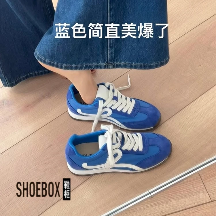 达芙妮集团鞋柜蓝色厚底德训鞋女百搭运动休闲鞋拼色系带阿甘鞋女