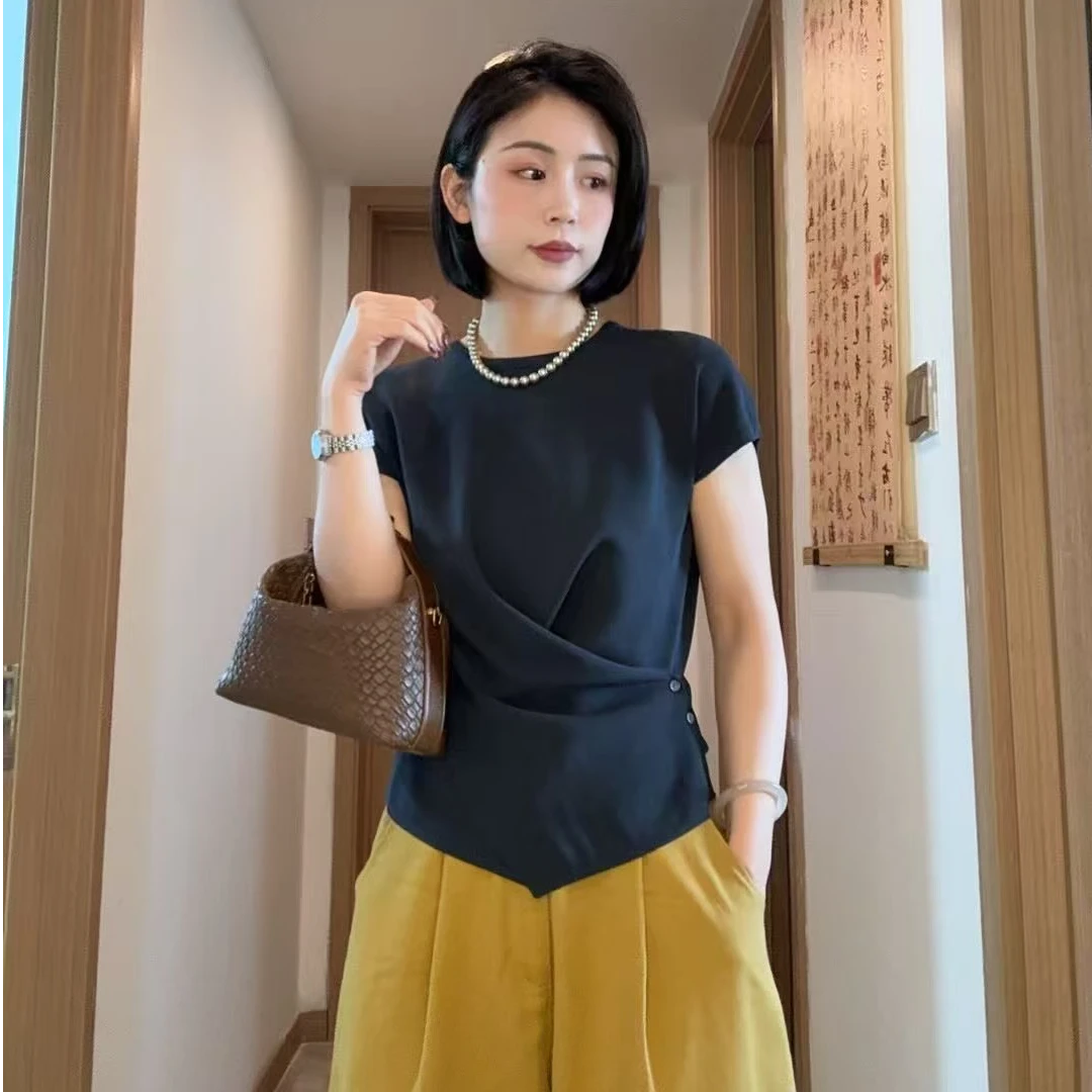 2025新款不规则圆领短袖针织衫时尚洋气设计感上衣女