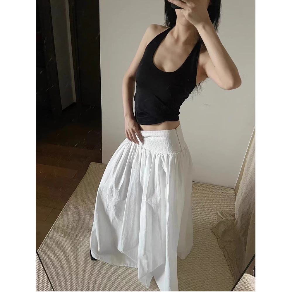 法式宽腰绗线碎褶半身裙女夏季新款气质高腰显瘦垂感大摆伞裙