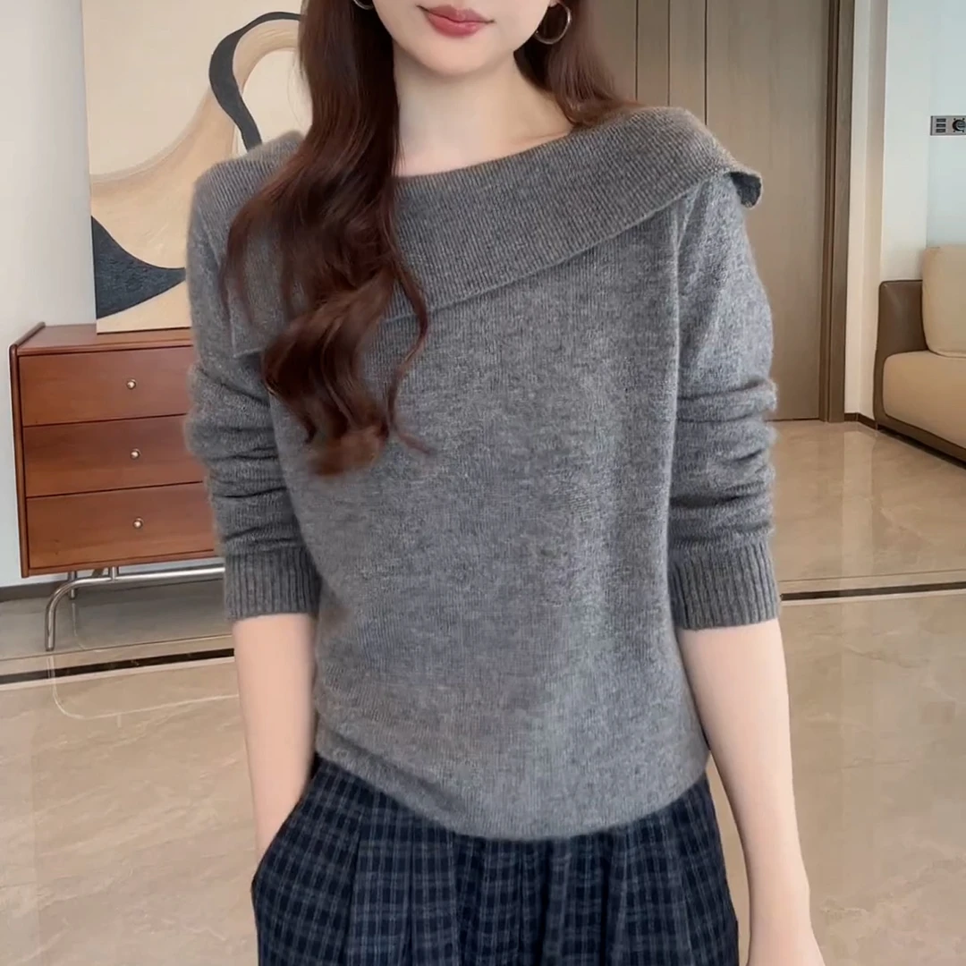 设计感韩系减龄翻领针织衫女2025秋季新款休闲百搭显瘦一字肩上衣
