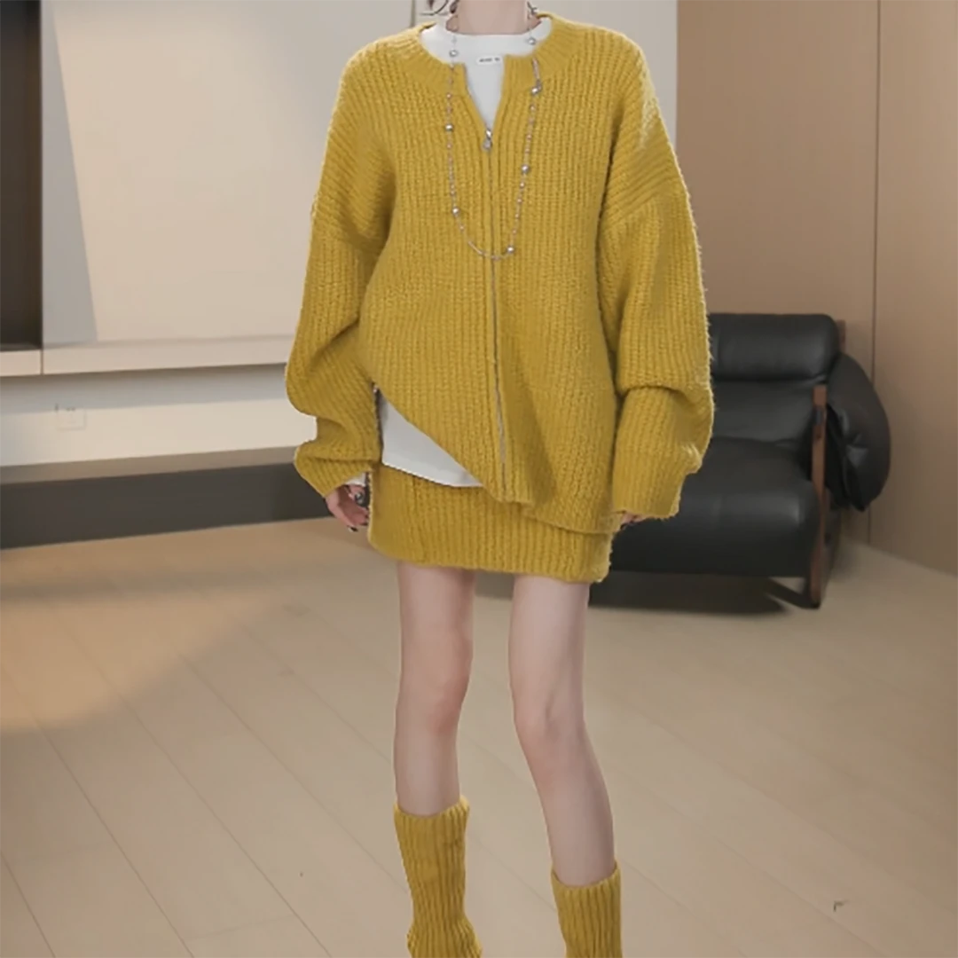 月亮女神~设计感针织毛衣开衫长袖女双口袋气质显瘦宽松半裙套装