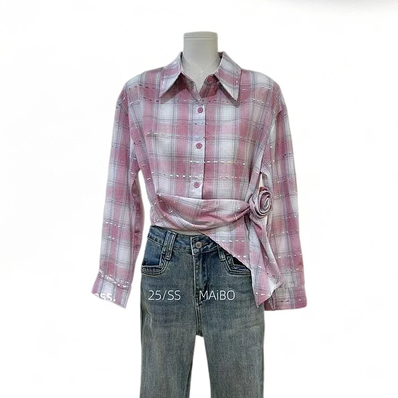 小咖甄选-原创设计师款粉色格子衬衣85085