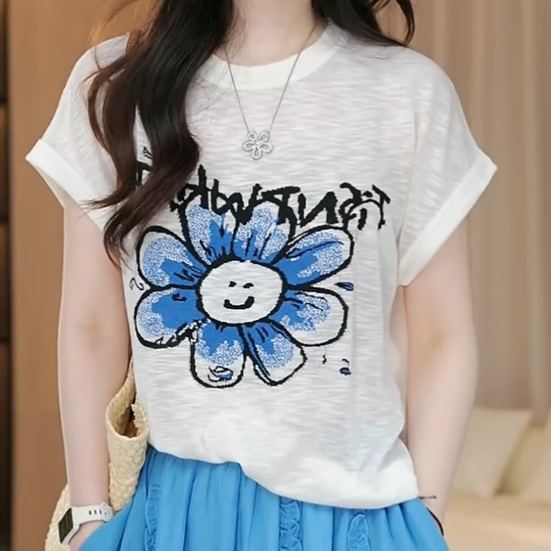 【笑脸太阳花】夏季时尚百搭图案短袖圆领宽松卡通T恤上衣LK2504701