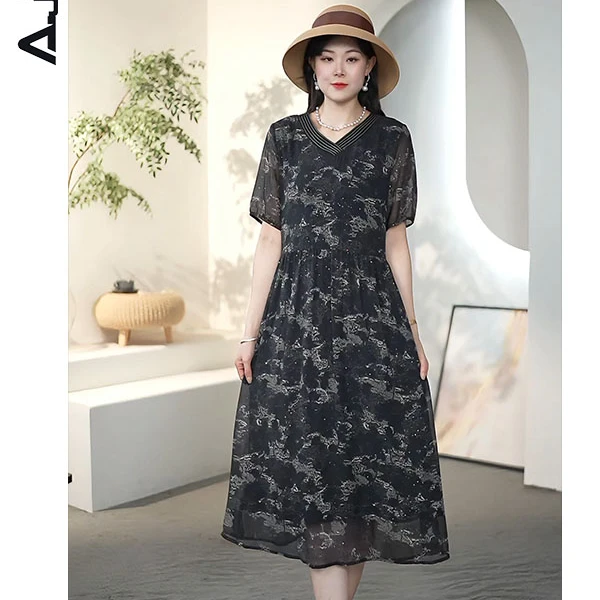 阿吉多复古短袖连衣裙女夏季新款高级气质V领妈妈时尚大码长裙子