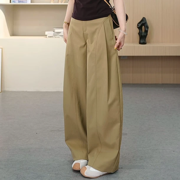 贝斯裤~潮流侧压褶弯刀裤~秋季新款宽松阔腿弯刀裤时尚女裤子