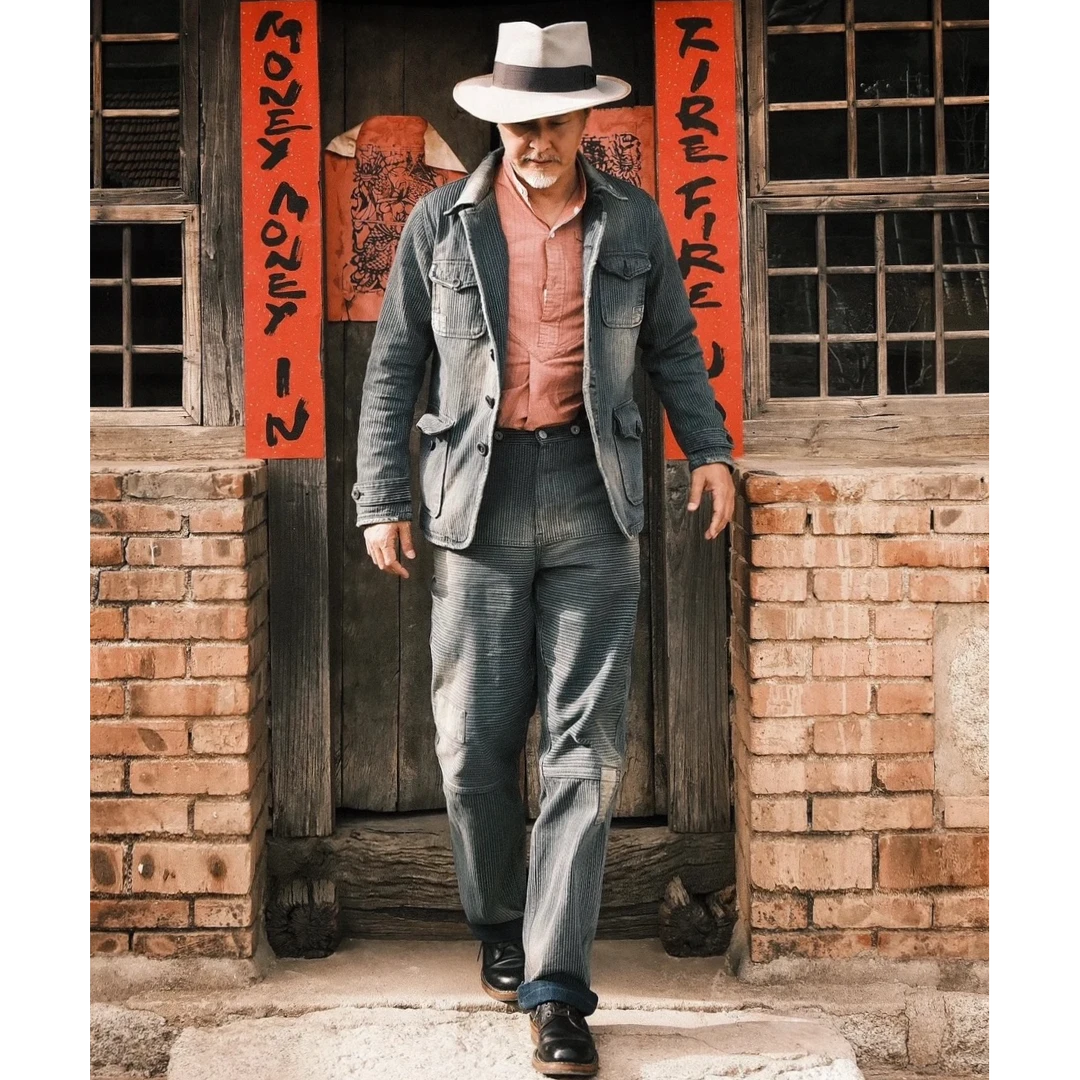 DANIELKATE40's法式复古水洗拔印拼接做旧牛仔工装裤