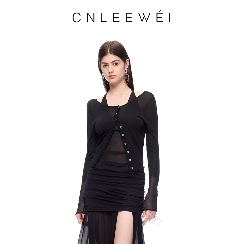 CNLEEWEI2025夏季新款露背可拆链条毛织开衫