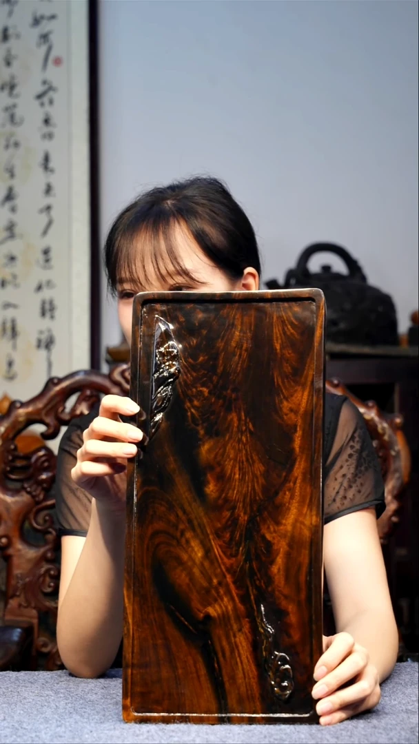 金丝楠【77】小叶金丝楠精品花纹雕刻可改干湿茶盘  41*19