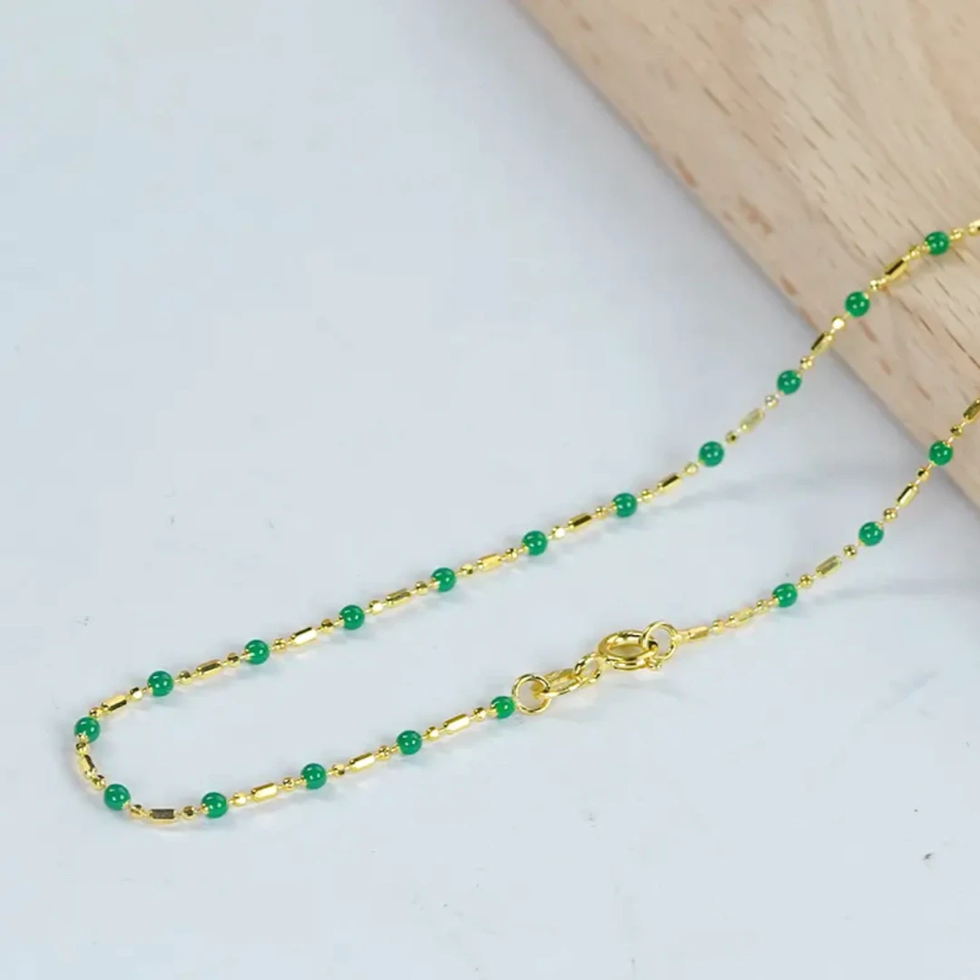 链子925银  一点绿时尚简约设计感绿竹节925银手工金色链子百搭