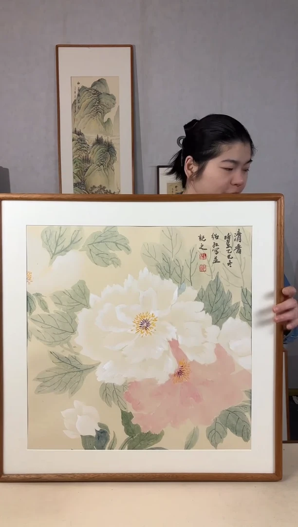 国画手绘*清香（牡丹）*62*62cm实木框