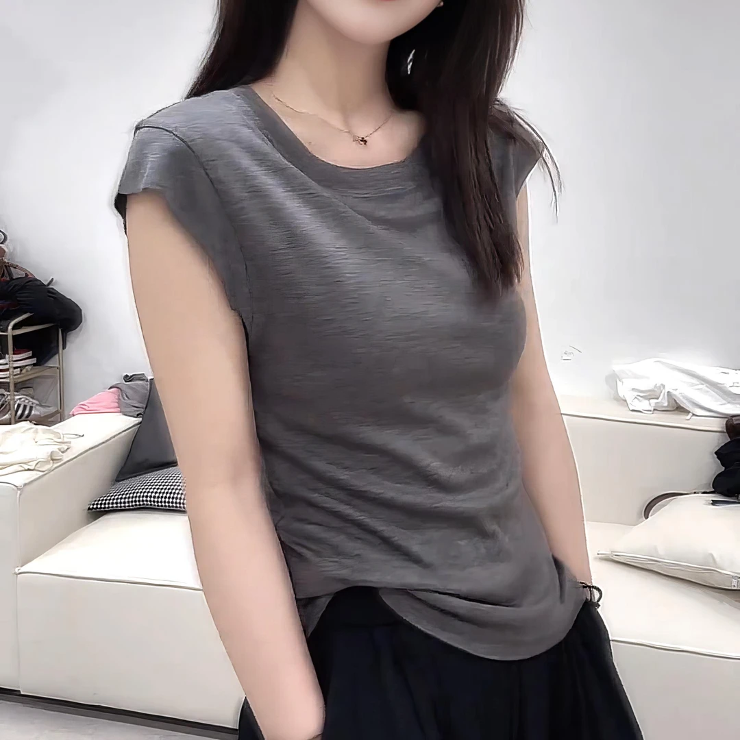 老钱风短袖INS风纯色镂空飞飞袖透气常规圆领T恤无袖背心