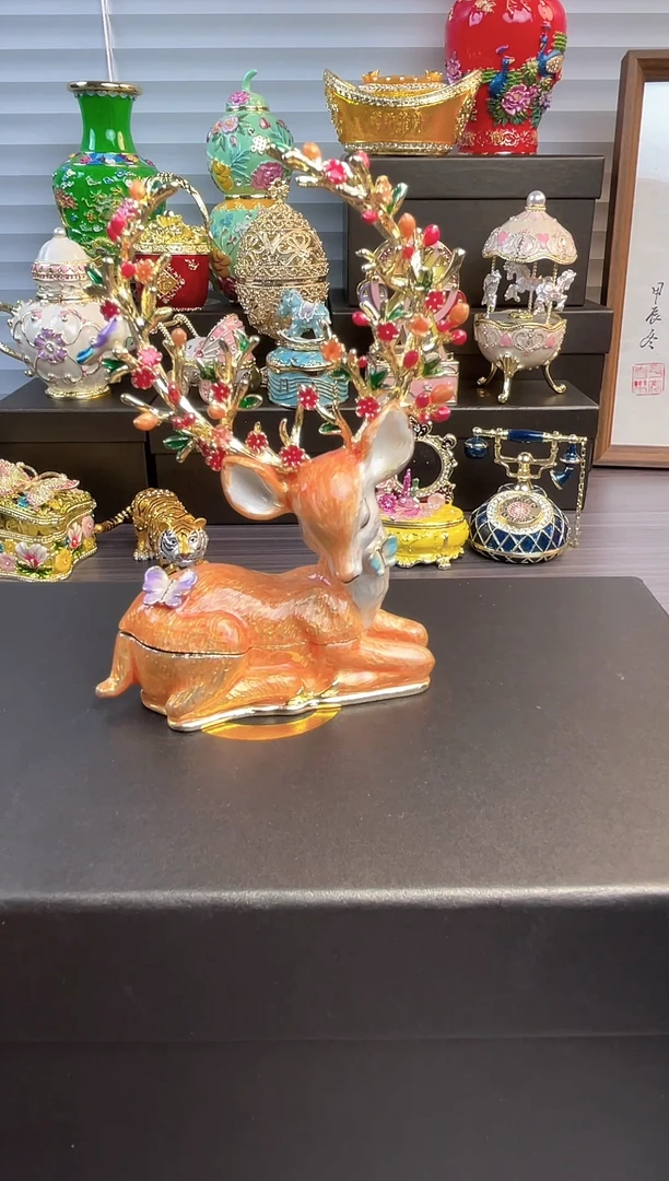 摆件七宝烧珐琅彩摆件  首饰盒    花枝鹿