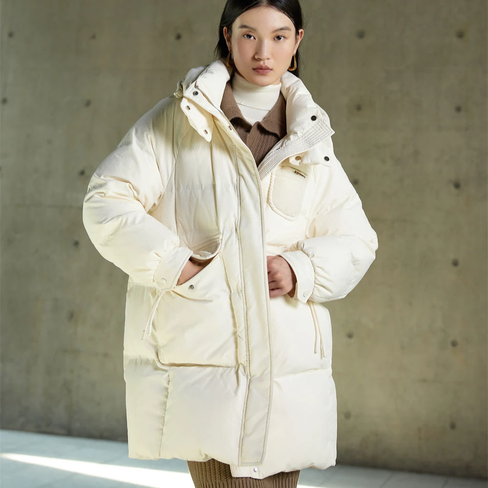 拼灯芯绒中长款羽绒服运动洋气连帽加厚保暖韩版冬季863