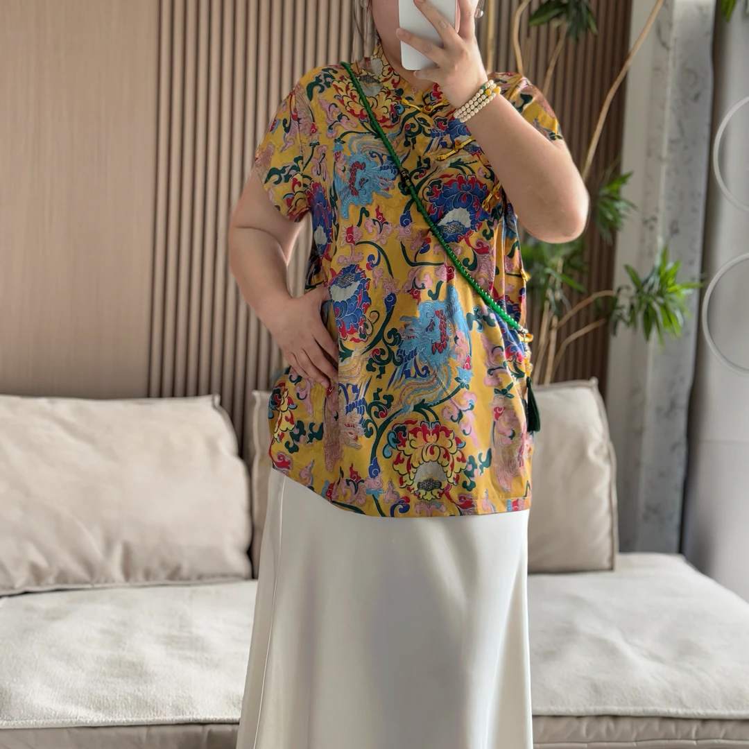 大码女装新中式提花国风短袖上衣