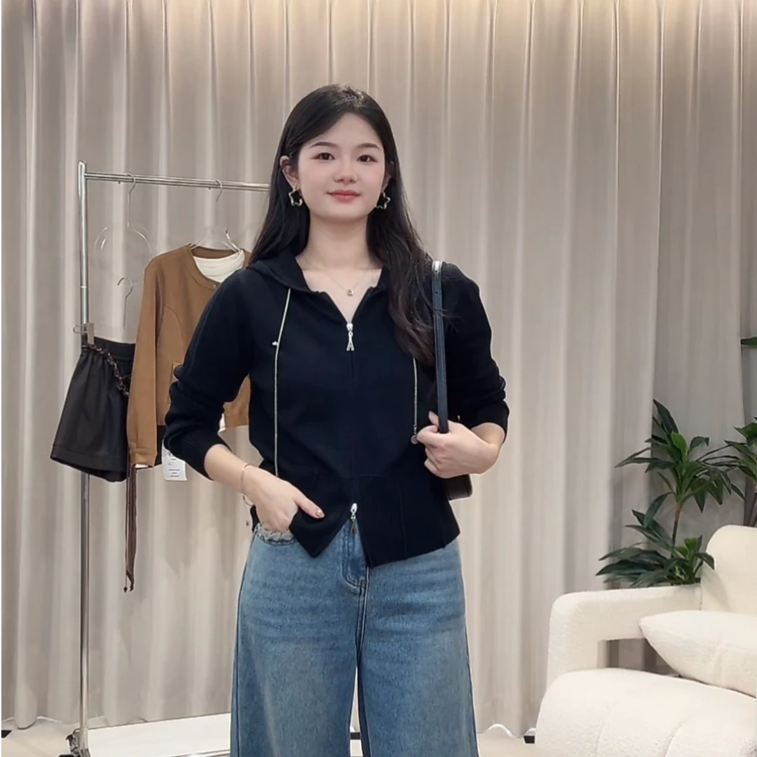 【阿婷家】832秋季新款韩系休闲风拉链连帽针织开衫