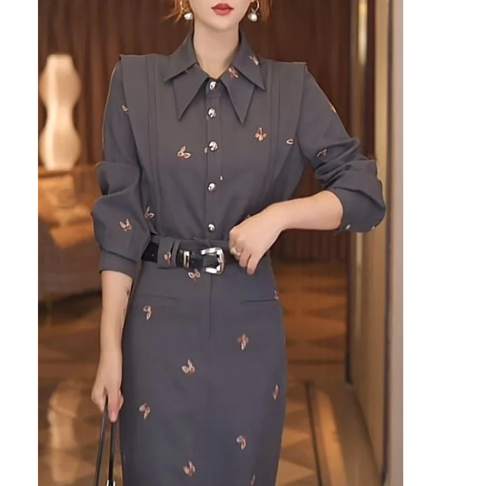 赠腰带新款衬衫女装半裙蝴蝶套装设计感显瘦时尚通勤套装/9151