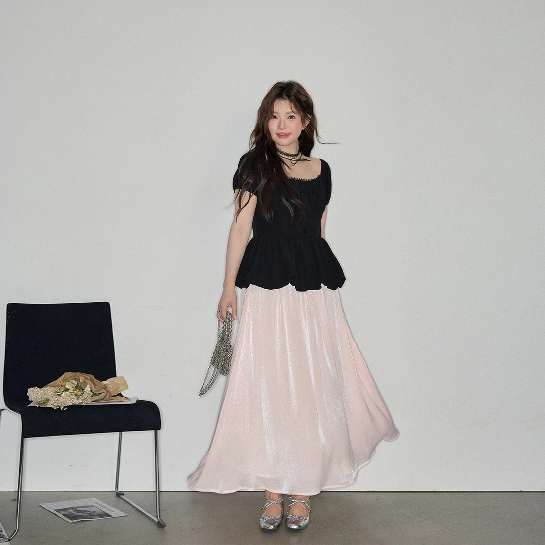 【馥郁少女】大码女装微胖妹妹法式气质花苞上衣+波光粼粼半裙套装