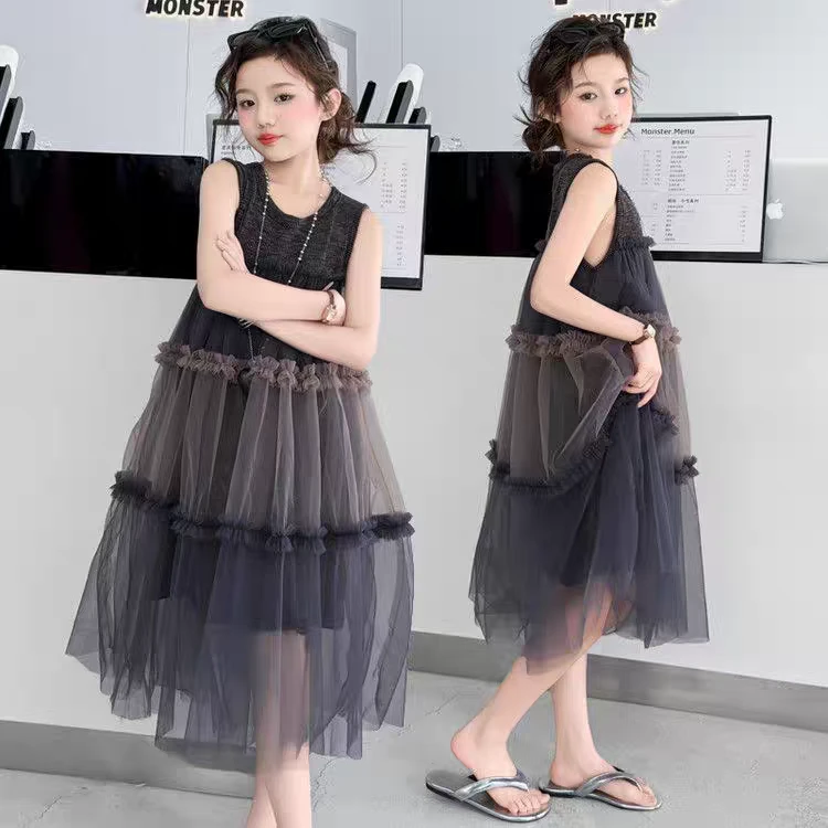 女童法式无袖连衣裙夏季2025新款女孩高级网纱拼接公主裙沙滩裙潮