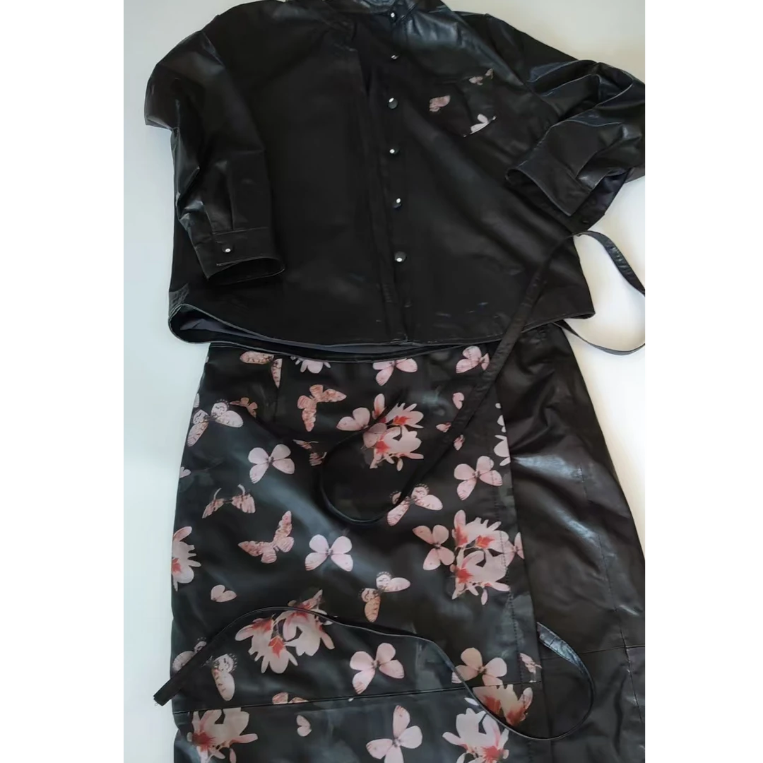 真皮绵羊皮绑带国潮风时尚撞色长裙套装