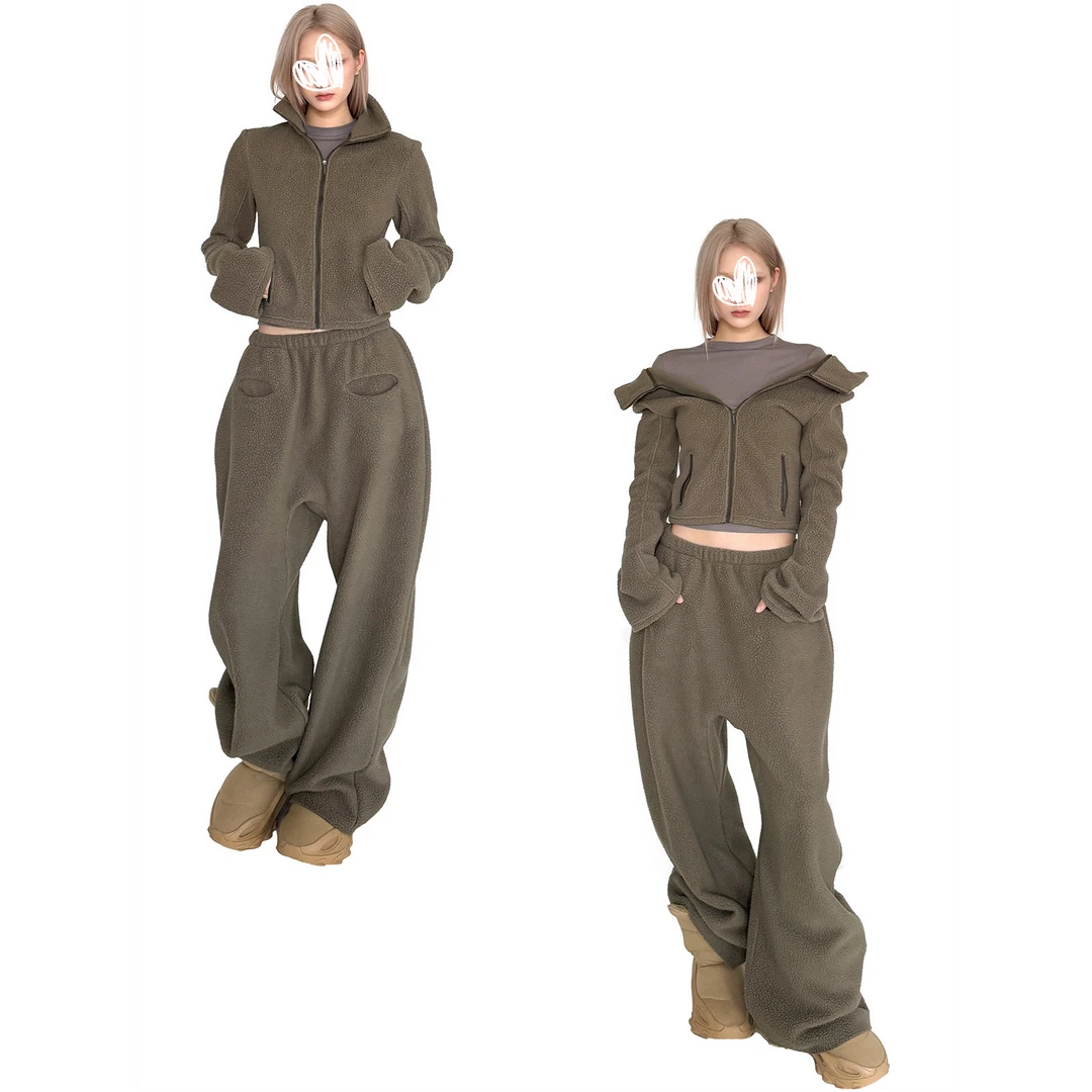 秋冬时尚修身摇粒绒防风保暖外套修身显瘦宽松百搭休闲阔腿裤z366