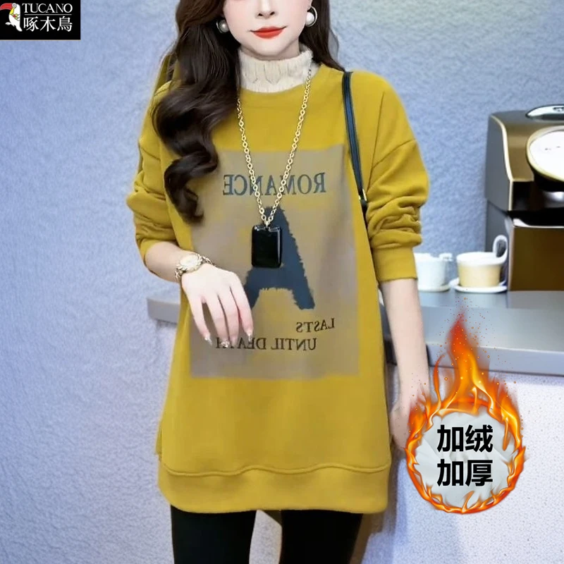 啄木鸟休闲风半高领冬季中长款卫衣新款时尚假两件加绒加厚上衣女