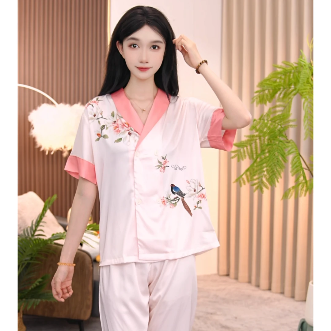 新款慵懒风宽松吸汗大码薄款女士睡衣家居服套装AML