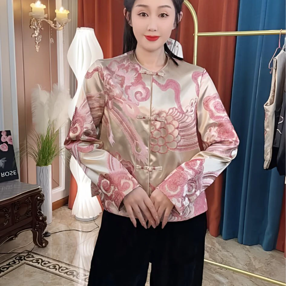 202525年新中式复古盘扣重工凤凰刺绣上衣春季新款外套（3580）