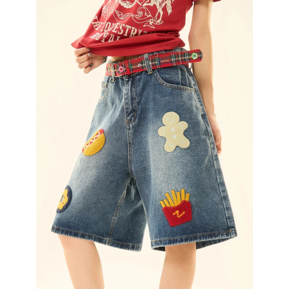 oversize美式复古【汉堡薯条毛巾绣】牛仔短裤女情侣夏季五分裤子