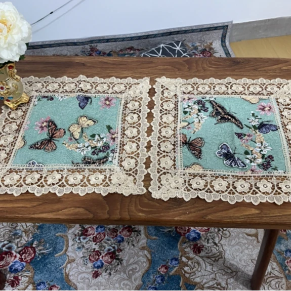 ZN111-2棉麻【40*40/对】绿蝴蝶水溶花边棉麻交织布棉边桌布茶几