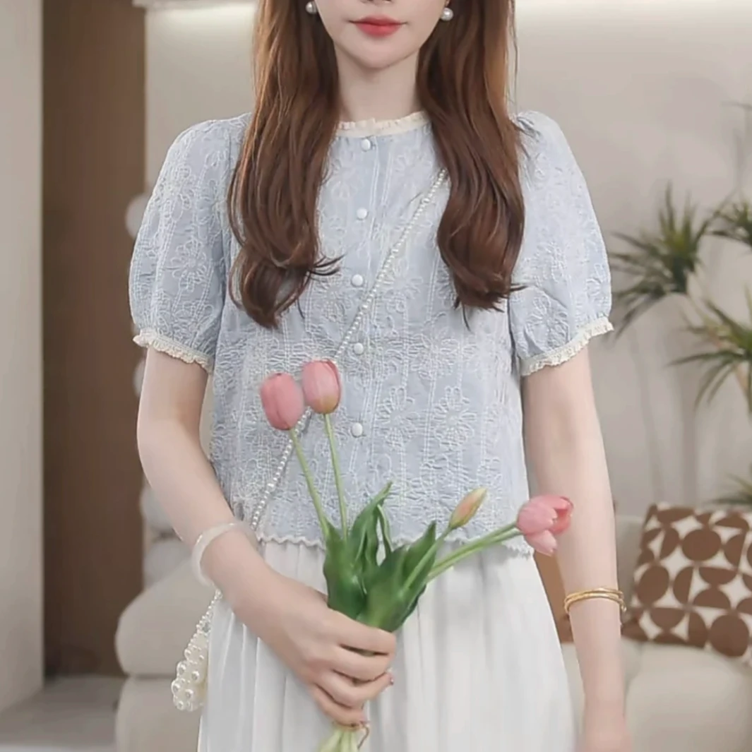法式蕾丝花边蓝色衬衫女夏季2025新款高级感气质短款衬衣小衫上衣