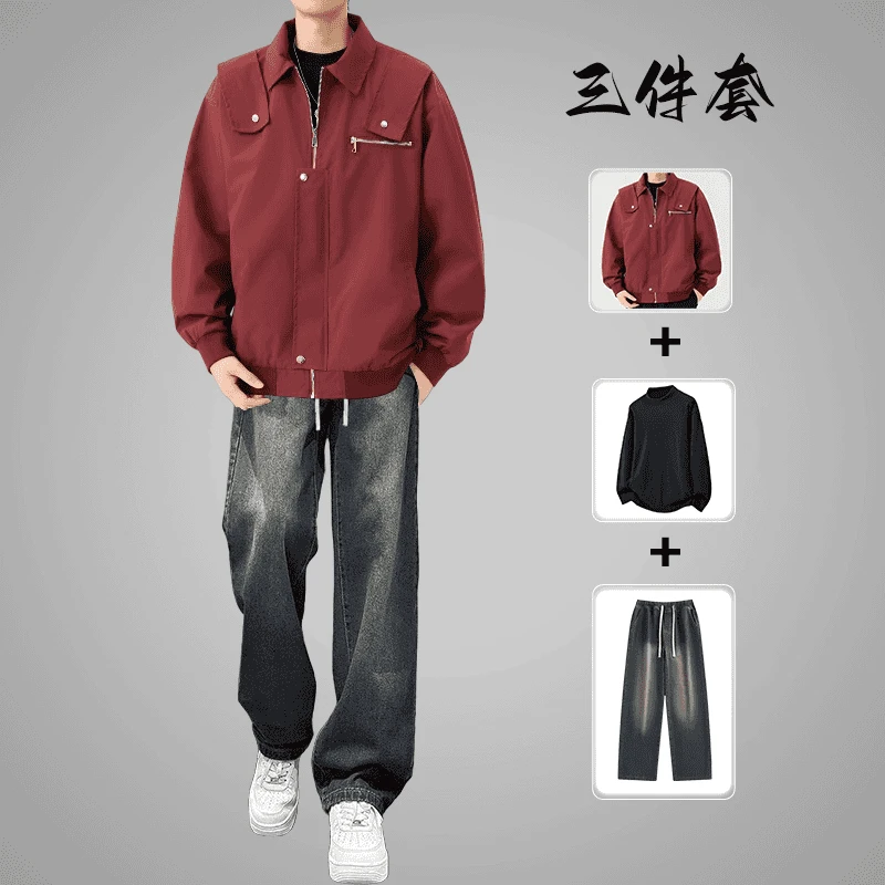 秋冬款美式工装外套男士高级感穿搭一整套痞帅休闲夹克男装三件套