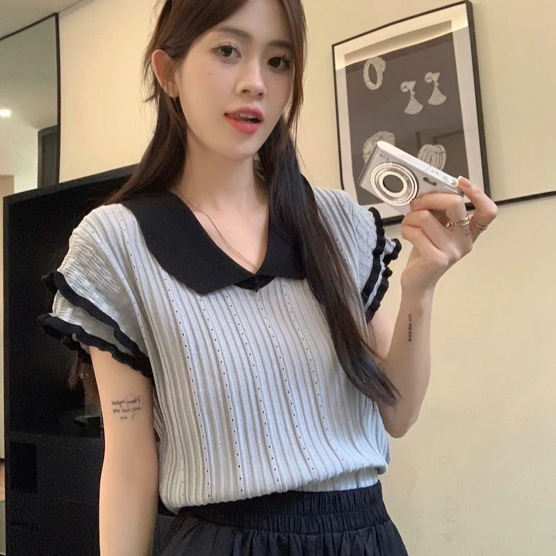 夏季新款针织衫女上衣短袖撞色娃娃领减龄飞飞袖百搭小众冰丝T恤