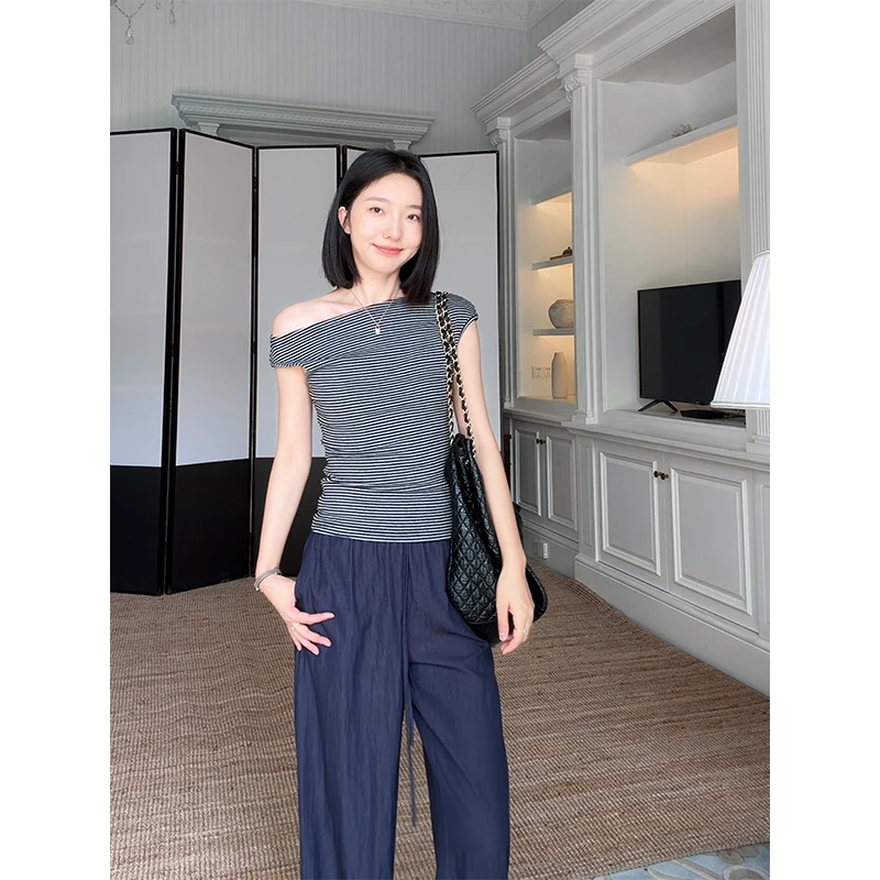 郭九九呢 棉质露肩斜肩设计感短袖T恤宽松垂感阔腿裤 G925Y05466