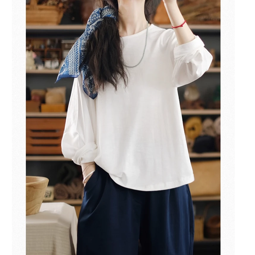 高品质白色圆领竹节棉t恤女春秋冬长袖新款文艺复古内搭上衣打底