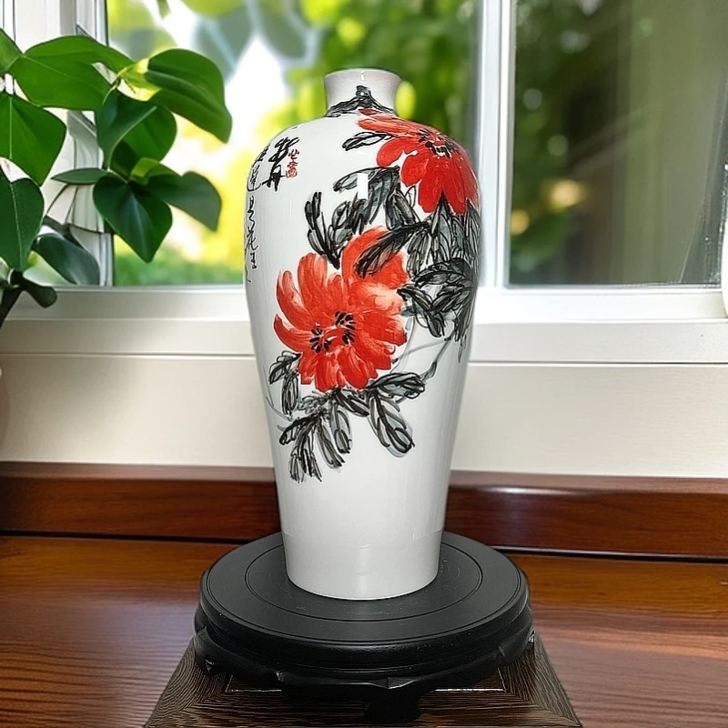 唐山骨质瓷牡丹国色天香手工手绘玄关客厅家居摆件新中式工艺品