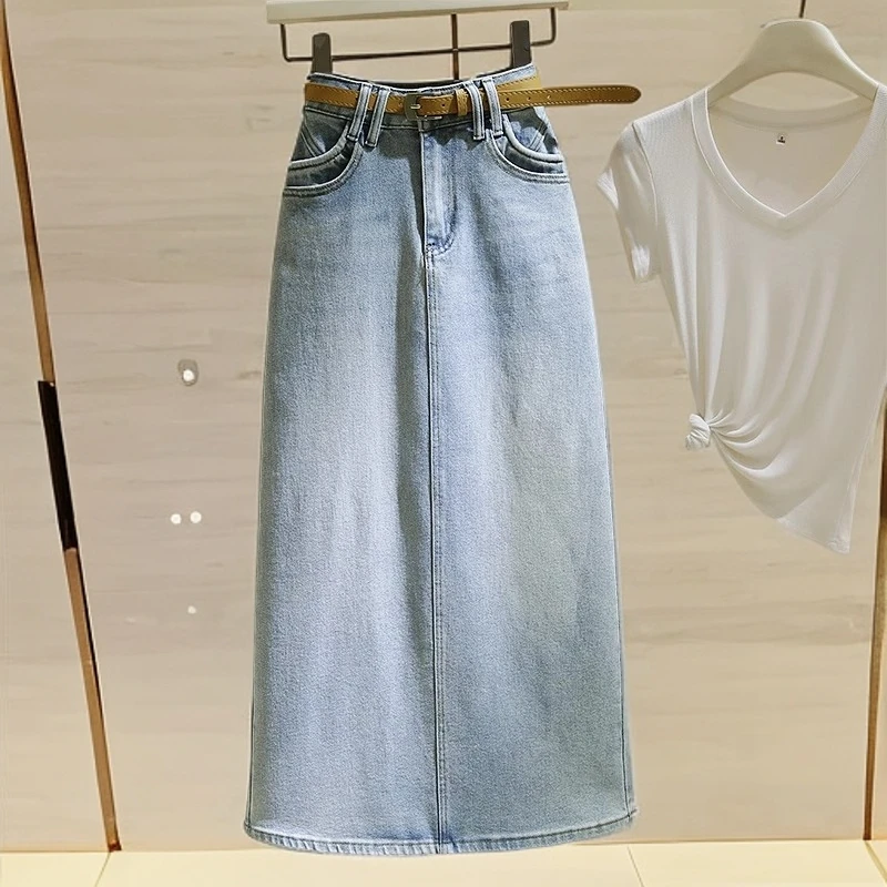 culv浅蓝高腰牛仔半身裙女中长款2025新款百搭弹力开叉a字包臀裙