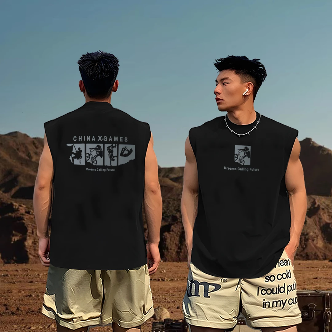 重磅纯棉背心男坎肩健身运动夏季透气潮流个性印花无袖美式训练