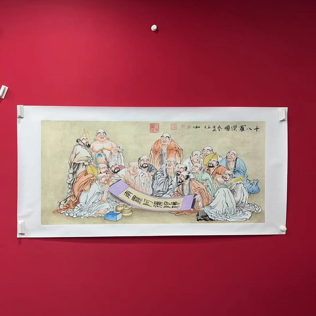 李新社手绘宣纸四尺横幅十八罗汉-人物画