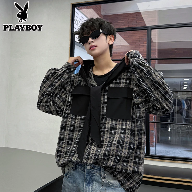 美式复古格子连帽衬衫男春秋季新款撞色拼接痞帅宽松百搭长袖衬衣