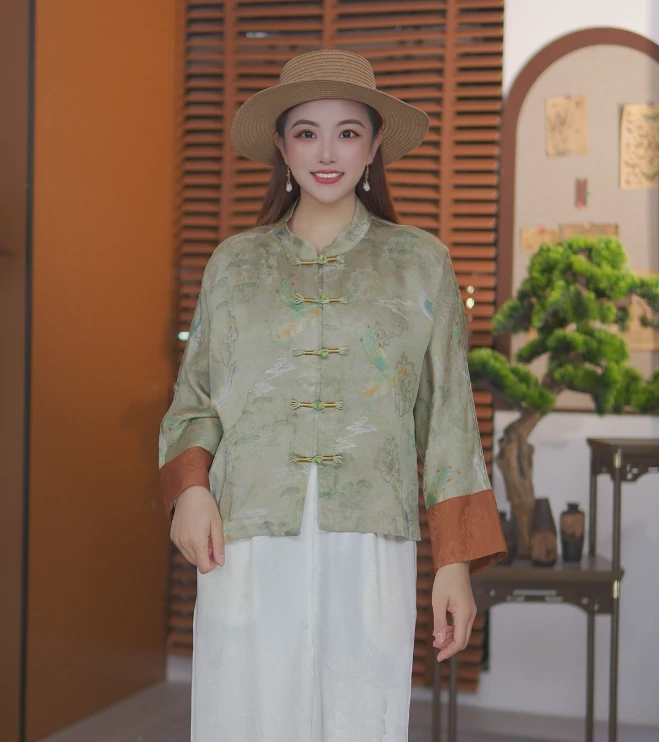 香云纱国风超火唐装外套女2025秋季新款爆款盘扣轻薄香云纱上衣