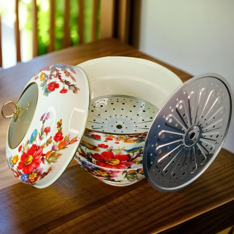 新疆包邮 【36cm白缤纷蒸锅】 带花 带把手 两层 包子蒸锅 家里实用