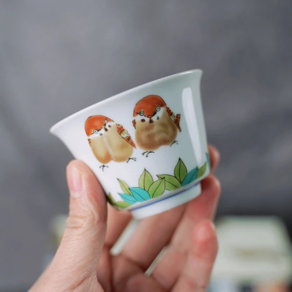 日本正品九谷晓堂小麻雀茶杯水杯客杯家用复古田园可爱