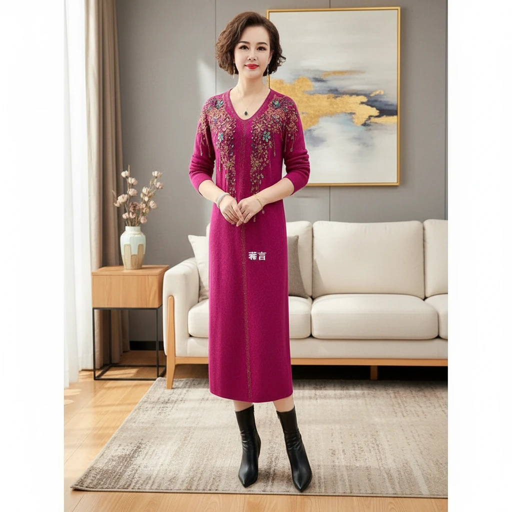 50145中年针织连衣裙烫钻大码V领洋气气质长款宽松打底裙时尚妈妈