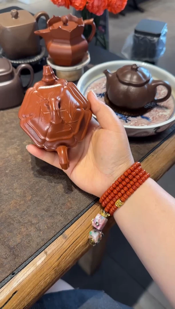 茶壶紫砂六方海棠双线竹鼓