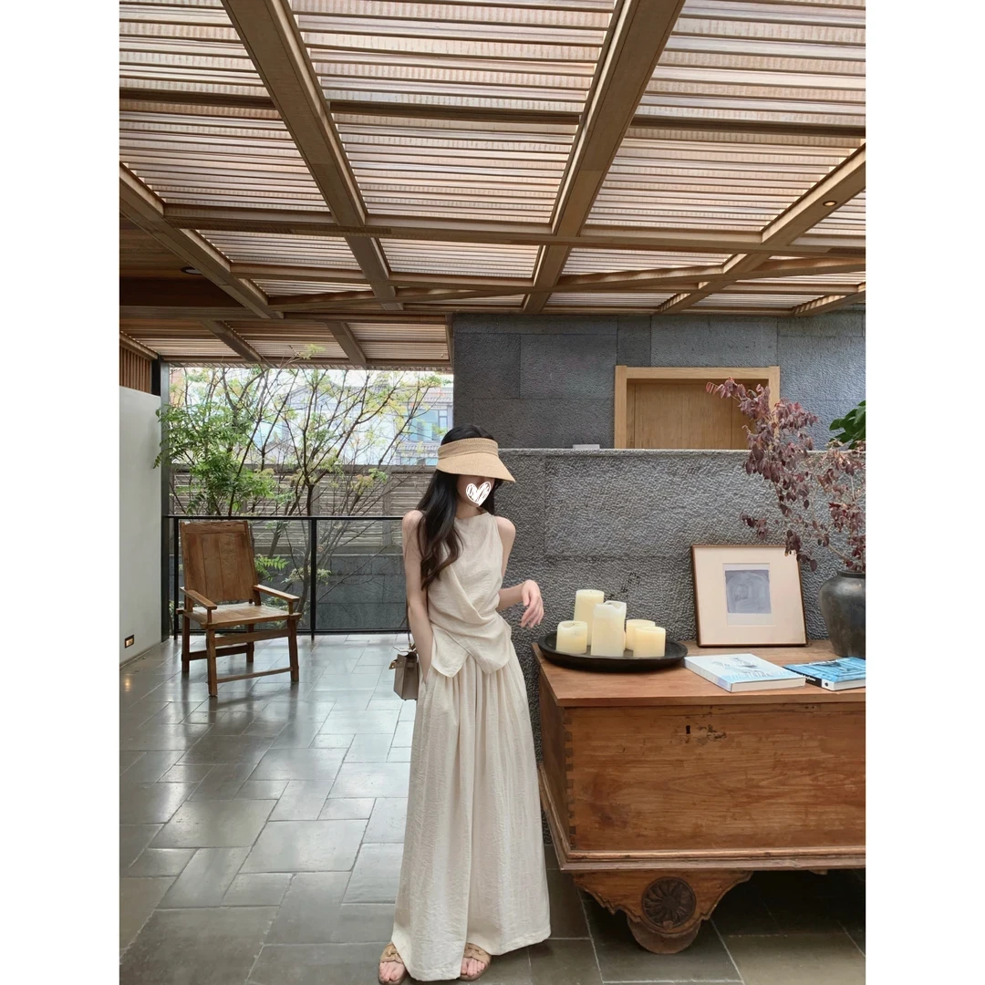 背心绑带上衣女夏季新款松紧腰宽松百搭时尚休闲裤裙套装1364