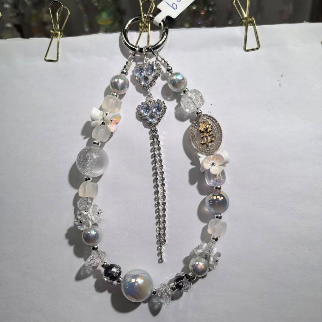 春季新款DIY手作A329-粉白流苏爱心仙仙手机链