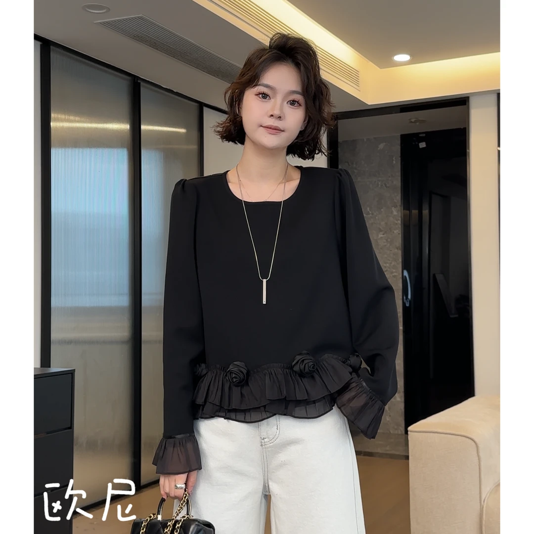 欧尼私服 2025春款宽松法式立体花朵荷叶边拼接上衣2503C1024